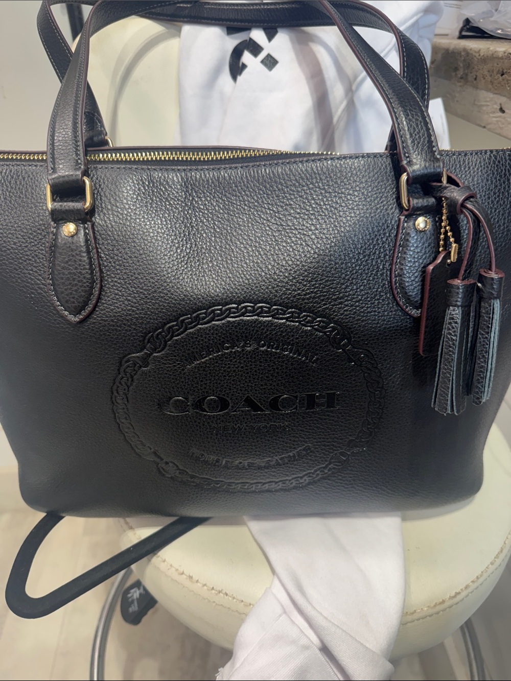 Coach Black Pebbled Leather Tote with Tassel Charm